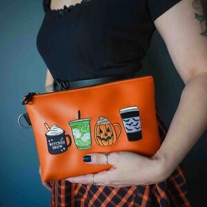Spooky Drinks Orange Embroidered Cosmetic Bag